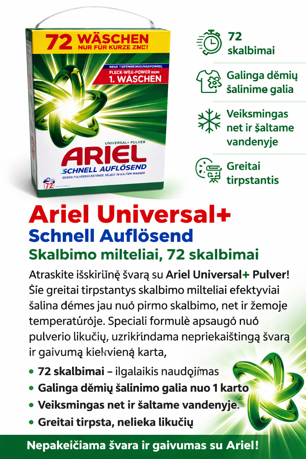 Ariel Universal+ skalbimo milteliai, 72 skalbimai