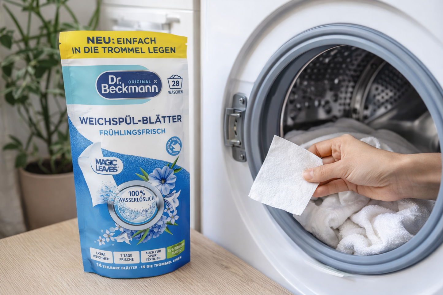 Dr. Beckmann Magic Leaves skalbinių minkštiklio lapeliai, 14 vnt