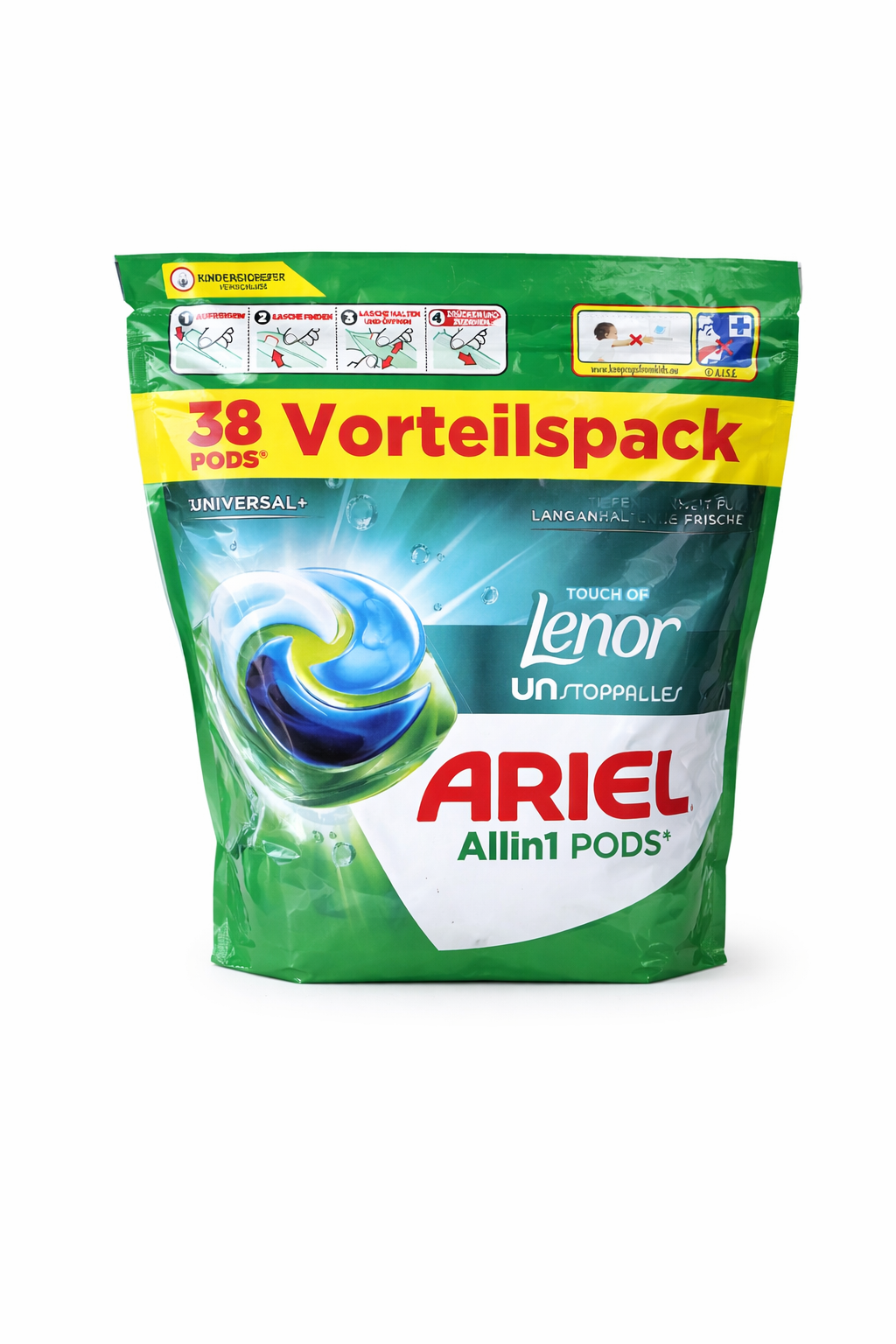 Ariel All-in-1 Pods Universal+ 38 vnt – skalbimo kapsulės su Lenor kvapu