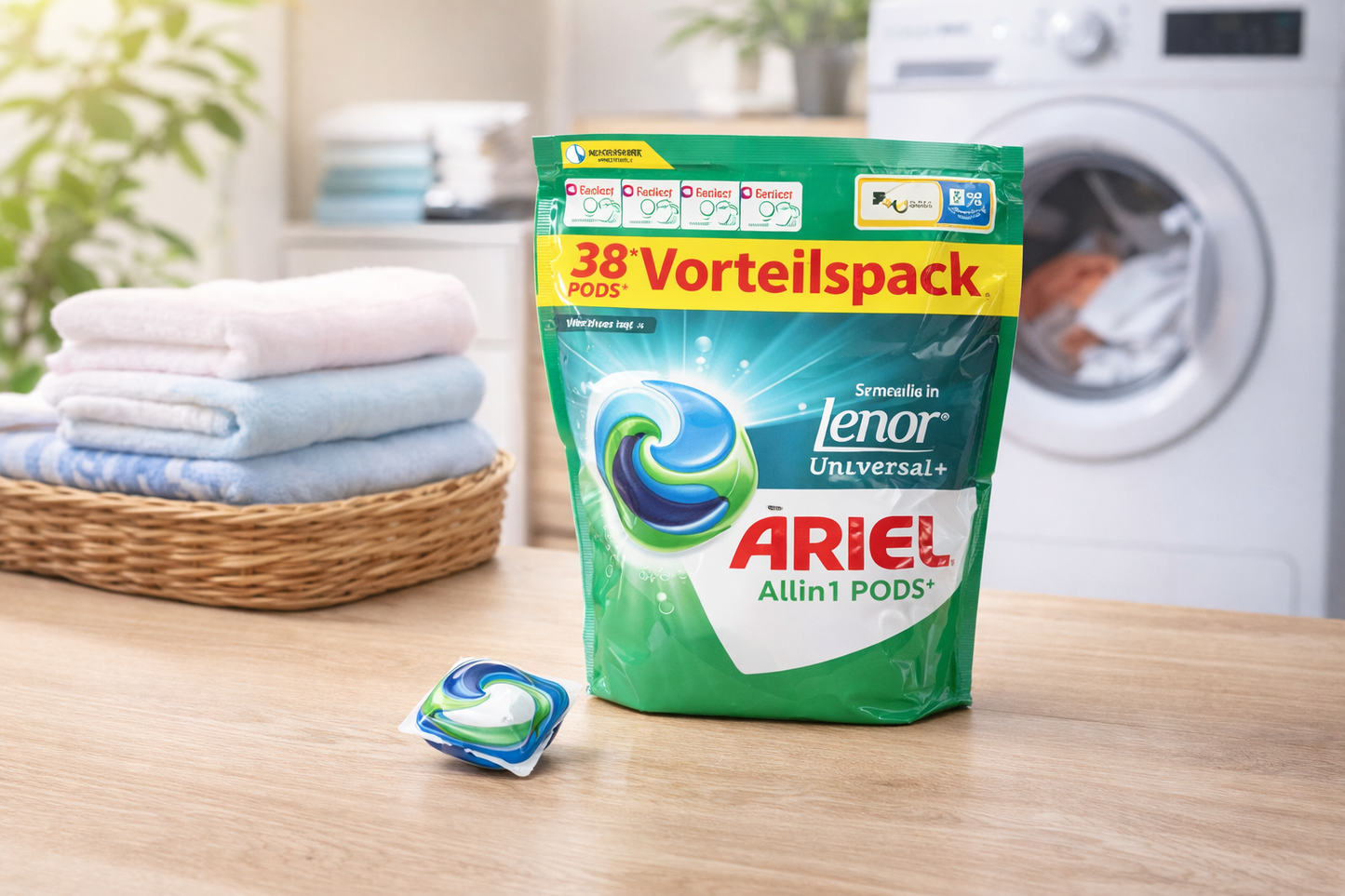 Ariel All-in-1 Pods Universal+ 38 vnt – skalbimo kapsulės su Lenor kvapu