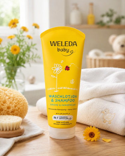 Weleda Baby Waschlotio­n & Shampoo su ekologiškomis medetkomis