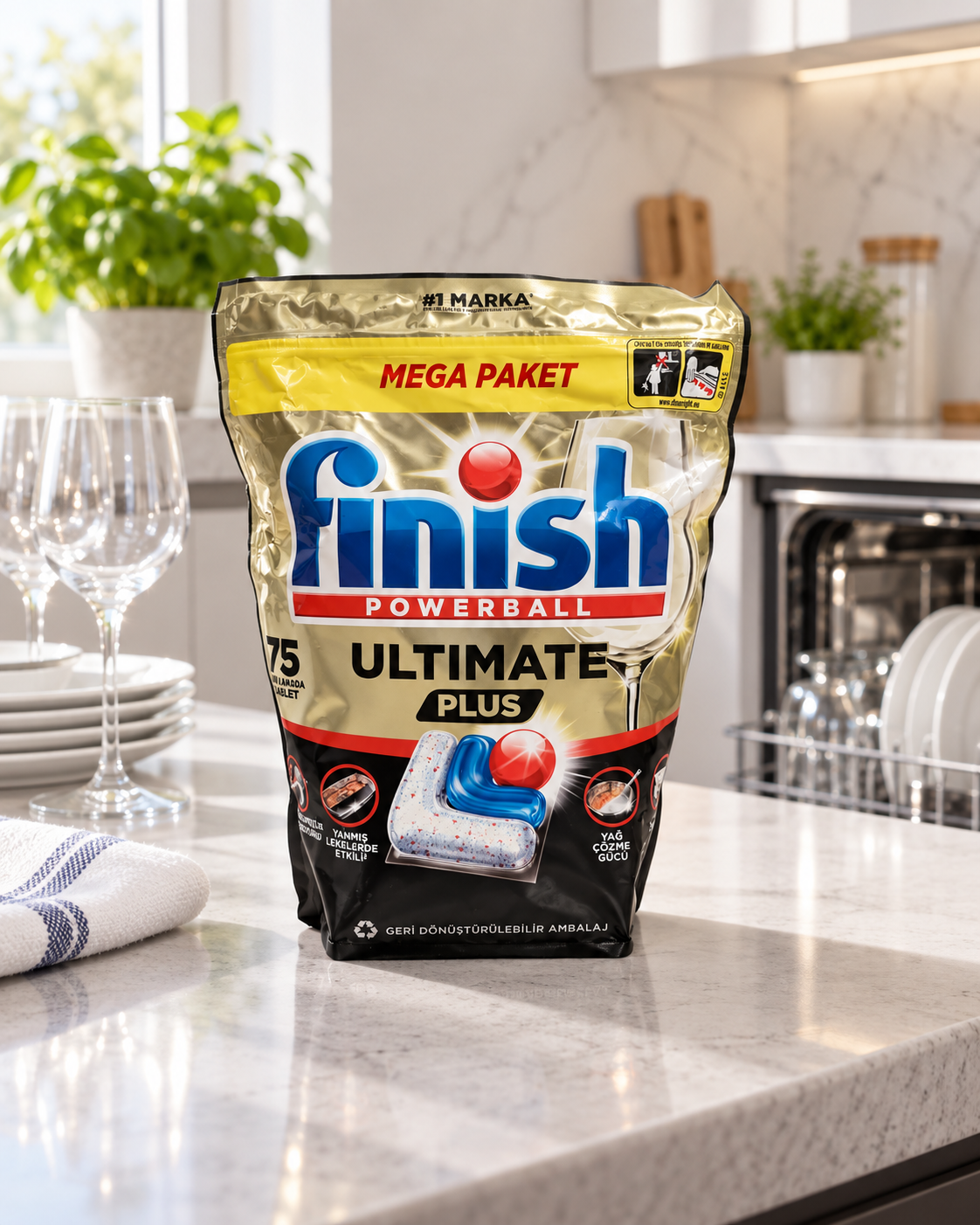 Finish Powerball Ultimate Plus indaplovių tabletės, 75 vnt.